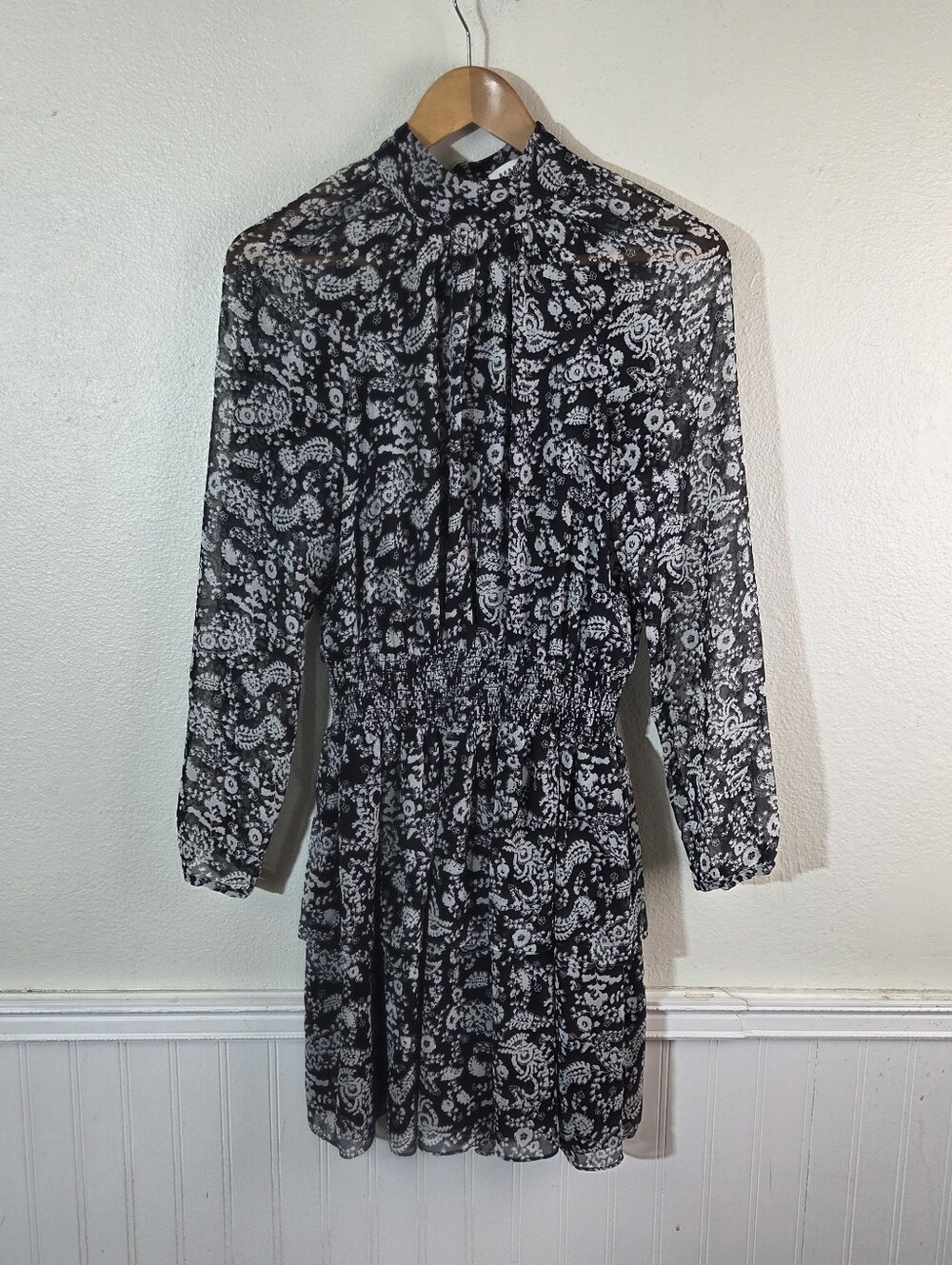 Rebecca Minkoff Paisley Print Mini Dress Sz S Black White Long Sleeve Smocked
